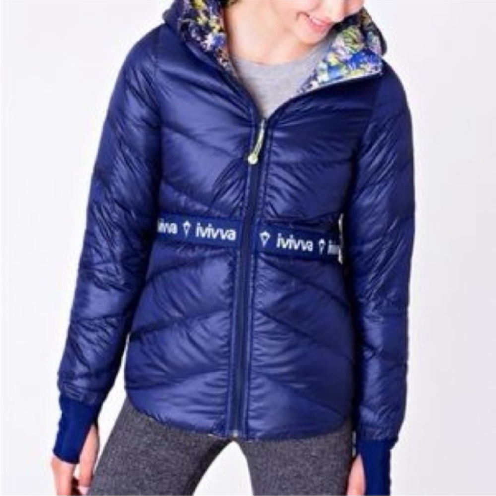 Ivivva Girls' Shiny Navy Puffer Jacket with Patterned Hood Lining